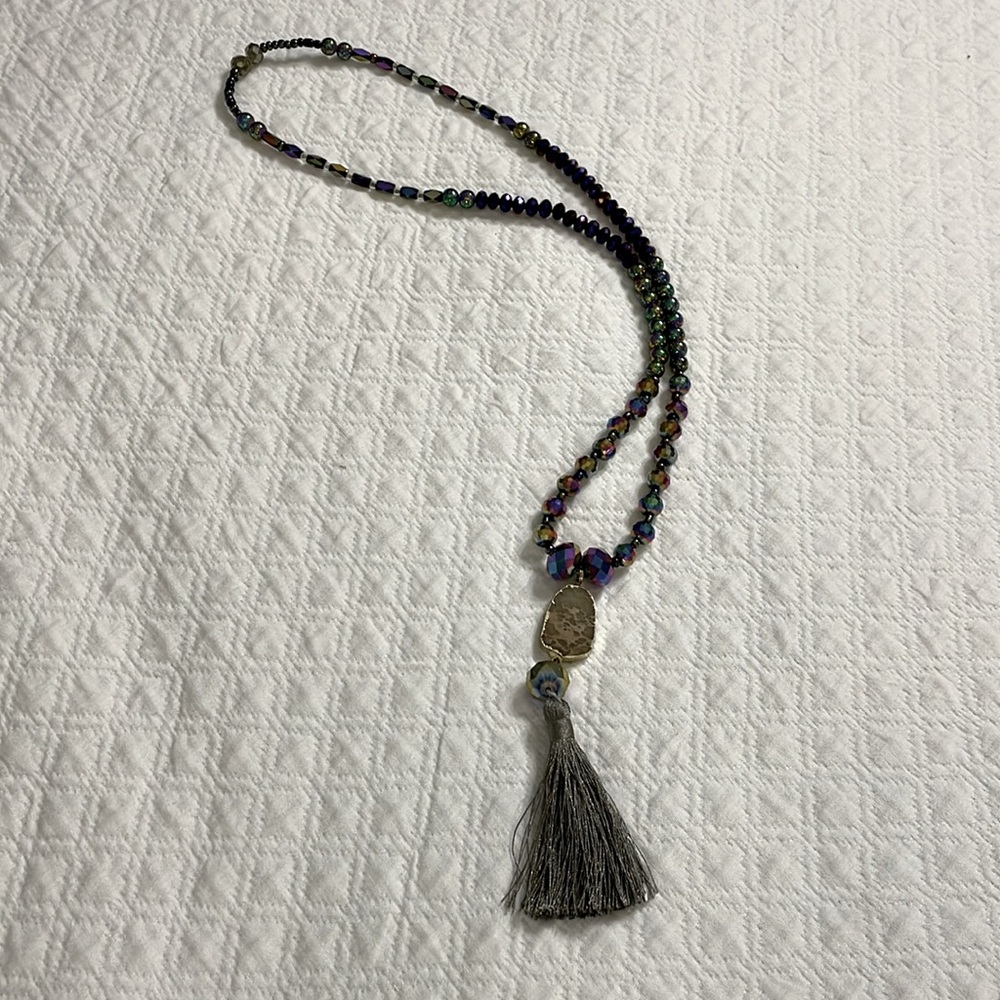 Bohemian irredentist beaded geode slice tassel necklace one of a kind statement